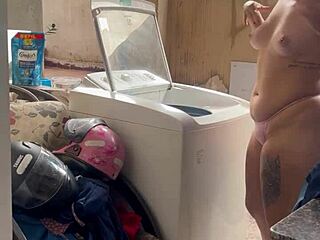 Neighbor Hides While Woman Washes Clothes Freely With Big Ass Pussy And Small Tits Exposed In Outdoor Homemade Bathroom Scene