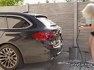 Busty bikini girlfriend craves some fun right after that soapy car wash session