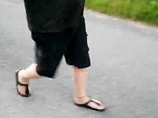 Chubby German in Nylon Pantyhose and Shoes Outdoors