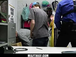 the shoplifting milf gets caught by the guard and shows her convincing skills in the garage