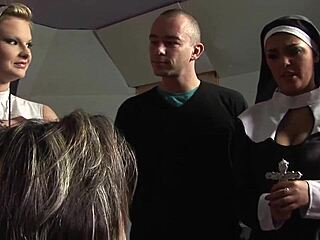 Two nuns in costumes take big cocks in hairy wet holes during doggystyle and cowgirl group action with cum.