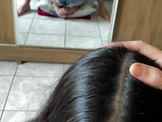 Nerdy brunette with big natural tits gives deep blowjob to Wellington Prado's big cock in jeans shorts by the mirror.