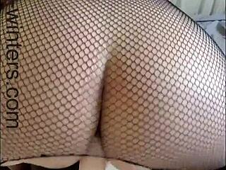 Horny fat ass teacher in fishnets bounces her tight wet pussy on favorite dildo for squirting orgasm.