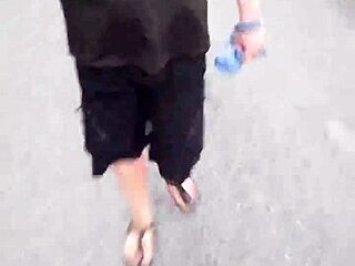 Chubby German in Nylon Pantyhose and Shoes Outdoors