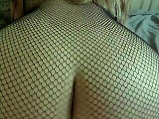 Horny fat ass teacher in fishnets bounces her tight wet pussy on favorite dildo for squirting orgasm.