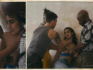 Brunette with big tits gets double penetration in hairy pussy during interracial orgy