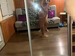 Fucking her doggystyle near the mirror in upskirt panties for free!