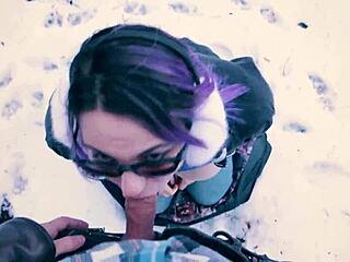 Public Blowjob in Snowy City Park with Cute Nerdy Teacher in Glasses Getting Deepthroat Facial Cumshot from Big Tits Amateur