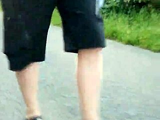 Chubby German in Nylon Pantyhose and Shoes Outdoors