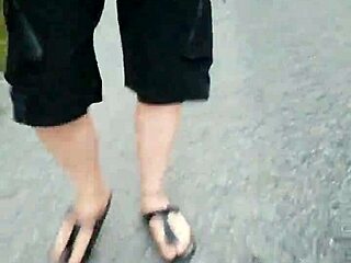 Chubby German in Nylon Pantyhose and Shoes Outdoors