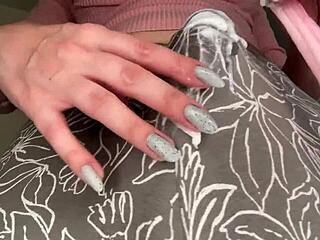 stepmother fills the condom with cum while stepson watches her in the office