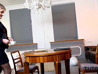 Tutor4K Short-Haired Tutor Fucks Disciple in Missionary with Stockings and Hairy Pussy