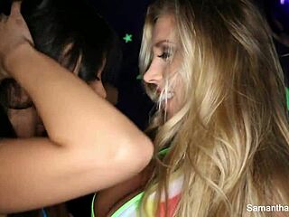 Samantha Saint enjoyed lesbian sex with a black partner under high-definition black light.