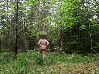 Chubby curvy amateur masturbating close up with fat belly flashing in forest outdoors