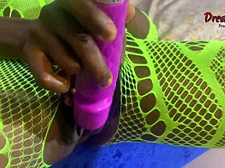 Vera grabs her toy for squirting fun then takes a big oiled cock for ebony creampie satisfaction