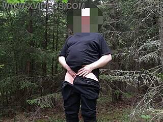 Chubby curvy amateur masturbating close up with fat belly flashing in forest outdoors