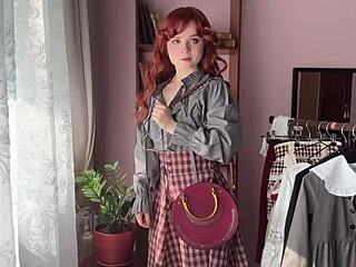 Curly redhead college student dressed as a bookworm nerd in lingerie and stockings poses solo in the library setting