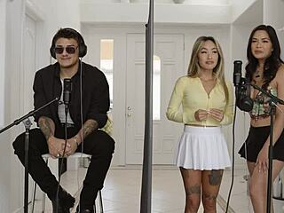 hot victor ray takes on linda lan & scarlett alexis in a steamy asian threeway with blowjobs and riding on the sofa