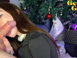 amateur teen gives christmas deepthroat blowjob on huge monster cock leading to rough fucking and massive facial cumshot