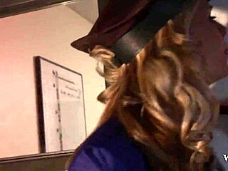 Police officer dominates in hardcore threesome with masked guy, riding cowgirl and muff diving in latex lingerie at the office.