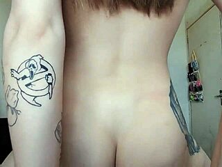 Amateur pornstar with tattoo rides for creampie at interactive web chat party