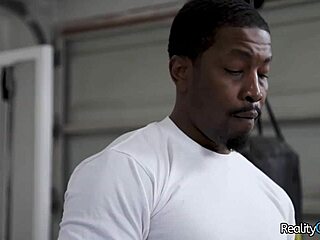 Crushed by her black muscular stepdad's monster cock in the garage.