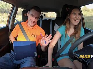 This Italian girl is convincing the DMV examiner in the backseat with a blowjob and fucking.