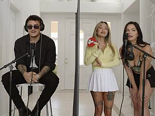 hot victor ray takes on linda lan & scarlett alexis in a steamy asian threeway with blowjobs and riding on the sofa