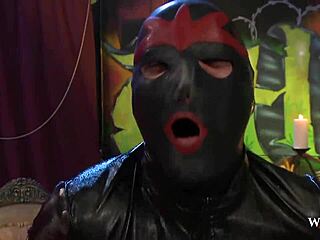 Police officer dominates in hardcore threesome with masked guy, riding cowgirl and muff diving in latex lingerie at the office.