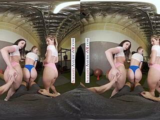 hey, check out naughty america where sexy babes kyler quinn and paige owens tag team this gym stud with blowjobs