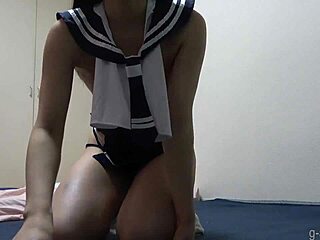 Japanese Girl Exposes Tits in Panties and Socks While Cleaning Room on Webcam Solo