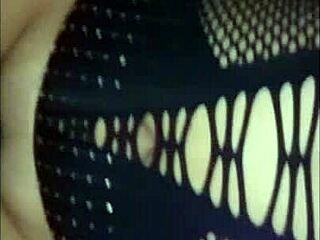 Wife in sexy lingerie takes bold cumshot inside from big tits milking