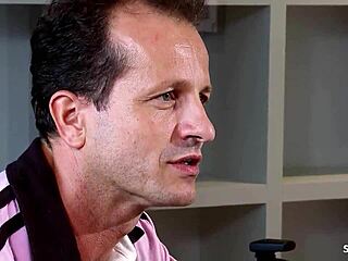 Blonde fit model with perfect body lets older guy cum twice during hard fuck at model job