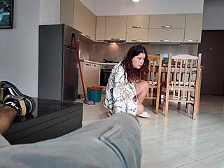 stepmom gets shocked spotting her stepson's huge dick in kitchen