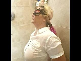 Sexy blonde deepthroats and gets face fucked with piss for first time