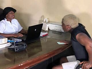 Sexy nurse babe bends over for homemade blowjob and deepthroat. She helps patient with wet pussy orgasm and cock standing.