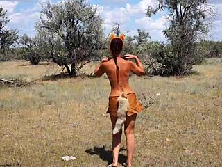 shy aboriginal in mature milf outdoor dancing with costumes and cosplay elements