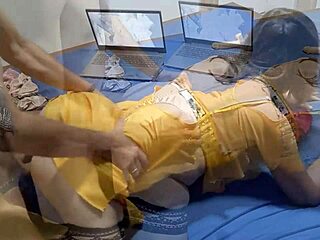 sexy o2 989 - white girl fucking in yellow and white satin doggy style pussy licking mouth to ass rimming 😈🍑