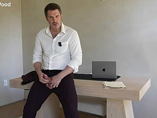 office boss tommy wood started jerking his huge cock in solo session. it ended with massive cumshot at work.