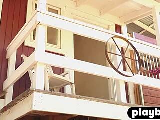 How does sexy ebony milf Briana Ashley pose with perfect big ass on the ranch?