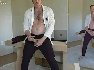 office boss tommy wood started jerking his huge cock in solo session. it ended with massive cumshot at work.