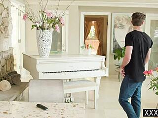 Small tits redhead teen 18+ gives blowjob and hardcore massage to partners stepbro with hairy petite body.