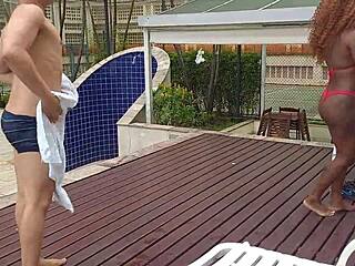 almost drowned by the ebony girl in the pool but she took advantage with mouth and pussy on me