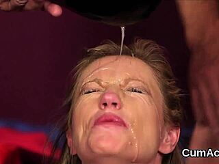 Nasty fuck doll swallows jizz load on face