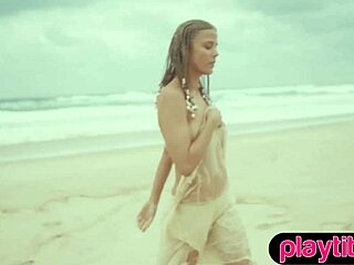 Petite Australian milf reveals her round tits and sandy bubble butt in solo striptease