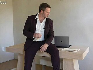 office boss tommy wood started jerking his huge cock in solo session. it ended with massive cumshot at work.