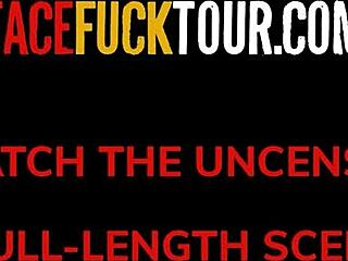 Gorgeous perfect mouth blonde lays down for hardcore face fuck with ball sucking action