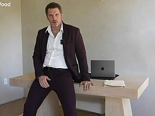 office boss tommy wood started jerking his huge cock in solo session. it ended with massive cumshot at work.