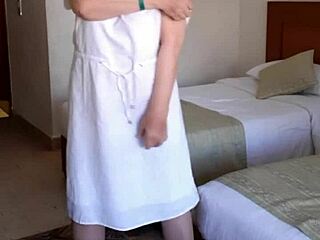 So this hot gilf is all about riding bbc and teasing with her huge dildo in stockings