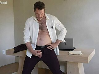 office boss tommy wood started jerking his huge cock in solo session. it ended with massive cumshot at work.